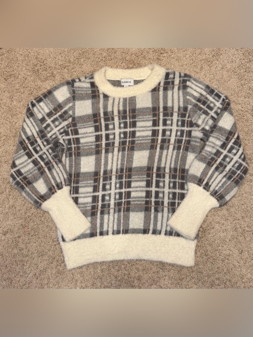 Evereve Plaid Crewneck Sweater in Cream, Gray, and Brown